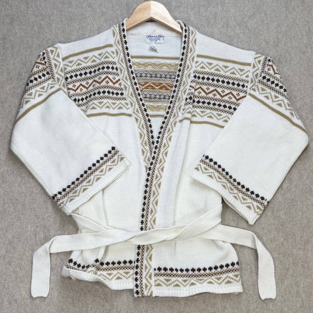 Glamour Knit Vintage Fair Isle Cardigan Sweater White Brown Geometric Belted M